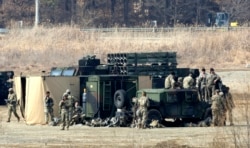 U.S. Army soldiers are seen during a military exercise in Yeoncheon, South Korea, near the border with North Korea, South Korea, Feb. 27, 2019.