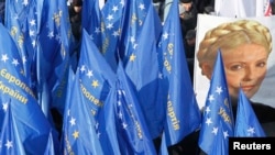 Supporters of jailed former Ukrainian PM Yulia Tymoshenko (image at right) take part in a rally in Kyiv to show their support for Ukraine's integration into Europe, Feb. 25, 2013.