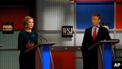 Carly Fiorina (kiri) dan Rand Paul dalam debat kandidat capres partai Republik di Milwaukee Theatre, Milwaukee, Wisconsin, 11 November 2015 (Foto: dok).