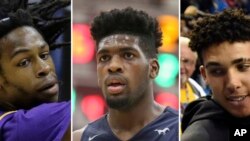 FILE - (L-R) Aransas Pass high school basketball player Jalen Hill is shown during a state semifinal basketball game in San Antonio. March 10, 2016. At center, Sierra Canyon's Cody Riley is shown during a high school basketball game in Springfield, Mass., Jan. 16, 2017. At right, LiAngelo Ball is shown in Los Angeles, Nov. 20, 2016.