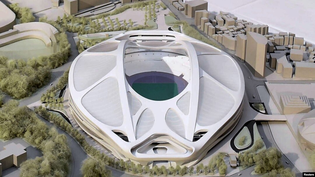 Model render Stadion Nasional baru untuk Olimpiade dan Paralimpiade Tokyo 2020, yang dirancang oleh arsitek Irak-Inggris Zaha Hadid.