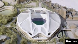 Model render Stadion Nasional baru untuk Olimpiade dan Paralimpiade Tokyo 2020, yang dirancang oleh arsitek Irak-Inggris Zaha Hadid.