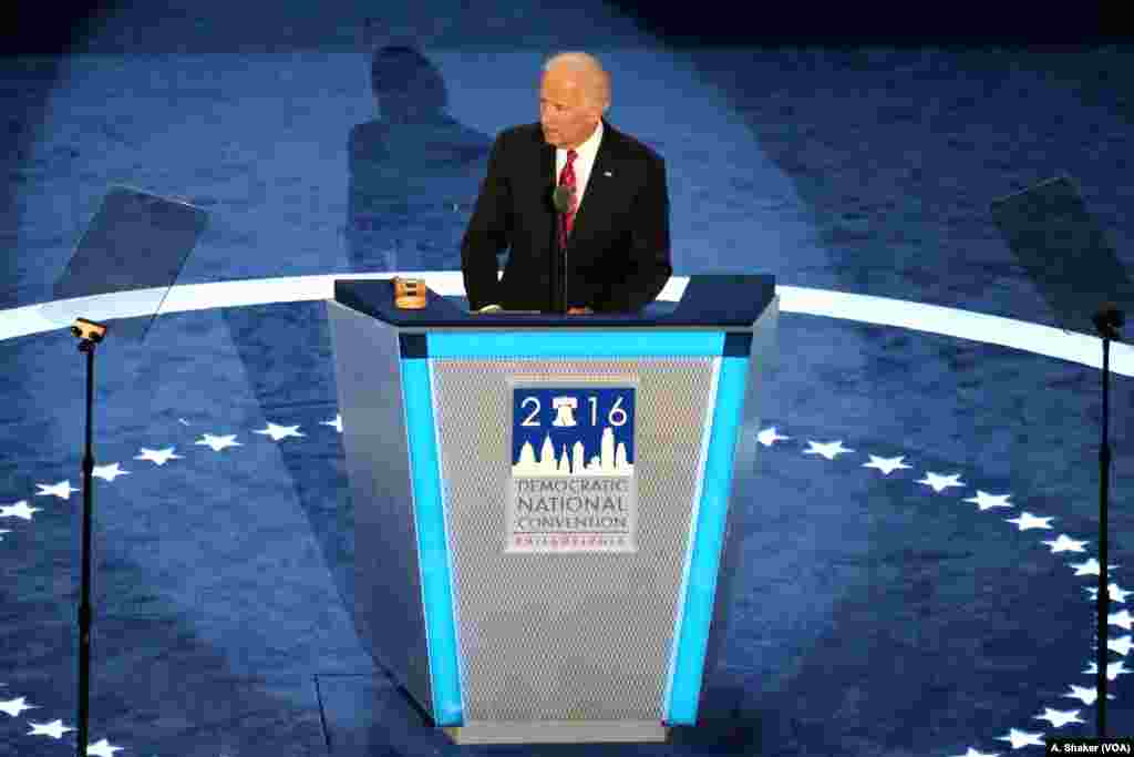 Vice President Joe Biden speaks on stage at the Wells Fargo Arena in Philadelphia on the third night of the Democratic National Convention, July 27, 2016. (A. Shaker/VOA)