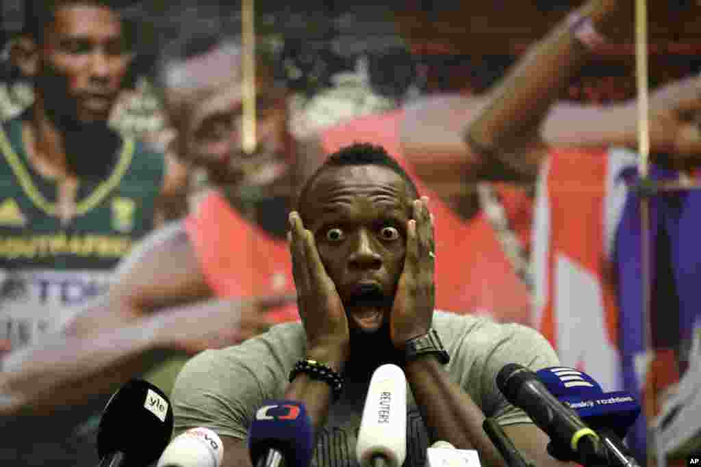 Jamaica&#39;s sprinter Usain Bolt grimaces during a press conference prior to the Golden Spike Athletic meeting in Ostrava, Czech Republic.