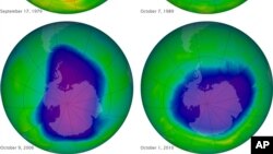 Lapisan ozon menunjukkan gejala terus pulih setelah penggunaan zat-zat kimia tertentu dalam produk pendingin dan tabung aerosol dihentikan sejak 1980-an (foto: NASA).