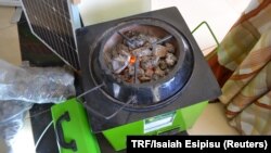 A view of a volcanic rock stove built by the Eco Group Limited, on display in Kampala, Uganda, April 20, 2017. 