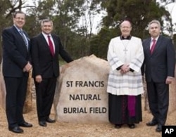 Peter Ward (Chairman Catholic Cemeteries), MInister for Lands Tony Kelly, Bishop Julian Porteous, Michael McMahon (CEO Catholic Cemeteries) at the opening of the St. Francis Natural Burial Field at Kemps Creek, Sydney, Australia