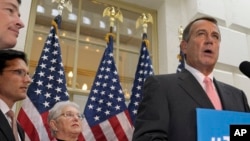 House Speaker John Boehner of Ohio speaks during a news conference on Capitol Hill in Washington on Oct. 10, 2013, following a meeting of House Republicans.