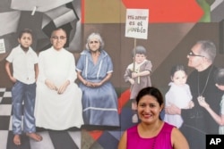 Cecilia Flores poses for a portrait in front of a mural with images of Archbishop Oscar Arnulfo Romero, at the chapel where he was assassinated in 1980, in San Salvador, El Salvador, Oct. 5, 2018.