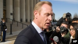 FILE - Acting Defense Secretary Patrick Shanahan speaks with the media at the Pentagon, Jan. 28, 2019, in Washington. 