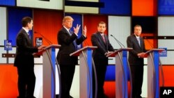 'Yan takaran bagaren Republican. Daga hagu Rubio, Trump, Cruz, da Kasich