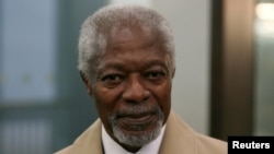 FILE - Kofi Annan, arrives for the media launch of the Africa Progress Report 2014 in London, May 8, 2014. The former U.N. secretary-general has died at age 80.