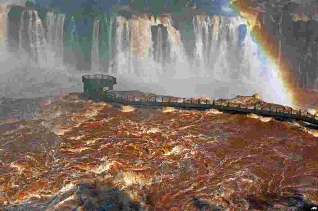 View of a damaged bridge at the Iguacu Falls in Foz do Iguacu, Brazil, following the overflowing of the Parana River.