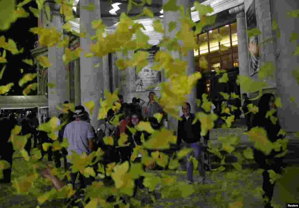 People stand outside the Palace of the Fine Arts surrounded by yellow paper butterflies after a public viewing of the ashes of late Colombian Nobel laureate Gabriel Garcia Marquez in Mexico City, April 21, 2014. Garcia Marquez died in Mexico on Thursday, at age 87.