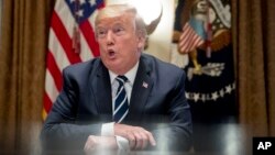 President Donald Trump speaks to members of the media as he meets with members of Congress in the Cabinet Room of the White House, Tuesday, July 17, 2018, in Washington. Trump says he meant the opposite when he said in Helsinki that he doesn't see why Russia would have interfered in the 2016 U.S. elections. (AP Photo/Andrew Harnik)