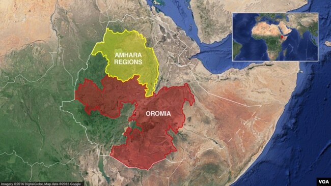 A map shows the Oromia and Amhara regions of Ethiopia.
