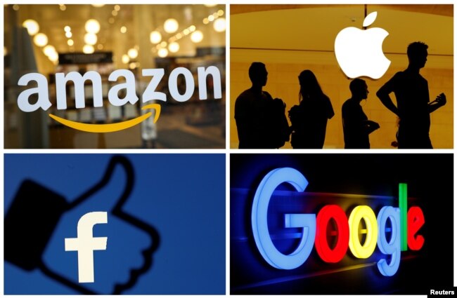 Foto kombinasi logo Amazon, Google, Apple, dan Facebook, 3 Juni 2019. (Foto: Reuters)