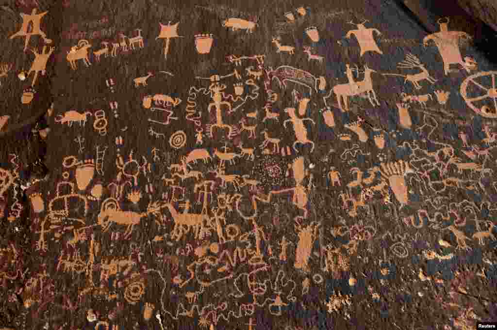 Hundreds of petroglyphs cover Newspaper Rock, in Bears Ears National Monument, Utah, Oct. 29, 2017.