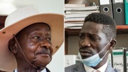 Rais Yoweri Museveni (kushoto) na "Bobi Wine" maarufu Robert Kyabulanyi.