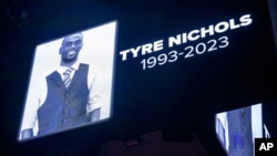 FILE - The screen at the Smoothie King Center in New Orleans honors Tyre Nichols before an NBA basketball game between the New Orleans Pelicans and the Washington Wizards, Jan. 28, 2023.