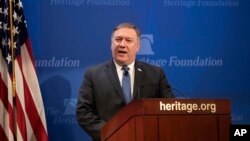 El secretario de Estado de EE.UU., Mike Pompeo, habló en la Heritage Foundation en Washington el lunes, 21 de mayo, de 2018.