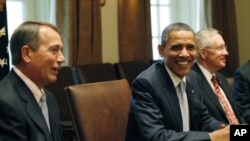 President Barack Obama meets with congressional leaders on deficit reduction in the Cabinet Room of the White House in Washington, July 13, 2011