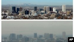 This combination of Dec. 13 and 17, 2018 photos shows downtown Salt Lake City during clear and an inversion day.