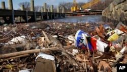 FILE - In this file photo from Feb. 12, 2009, trash piles up on the Anacostia River in Washington. District of Columbia city council will vote Tuesday June 2, 2009, on legislation on proposed fees for plastic and paper shopping bags to help reduce the amo