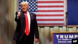 FILE - Republican presidential candidate Donald Trump speaks during a rally at The Palladium in Carmel, Indiana, May 2, 2016.