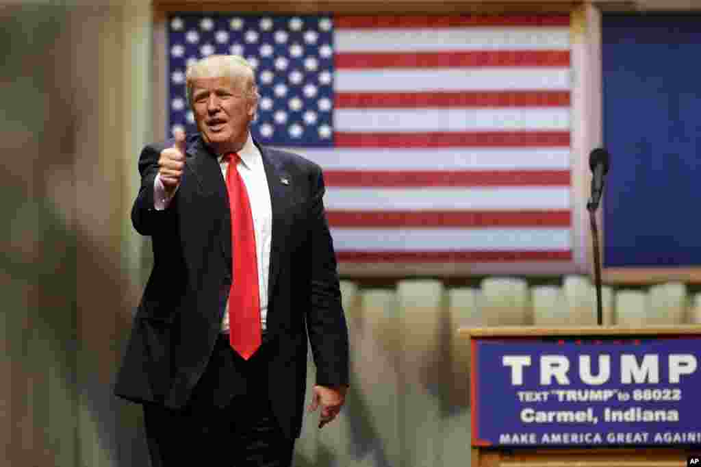 Republican presidential candidate Donald Trump speaks during a rally at The Palladium in Carmel, Indiana, May 2, 2016.