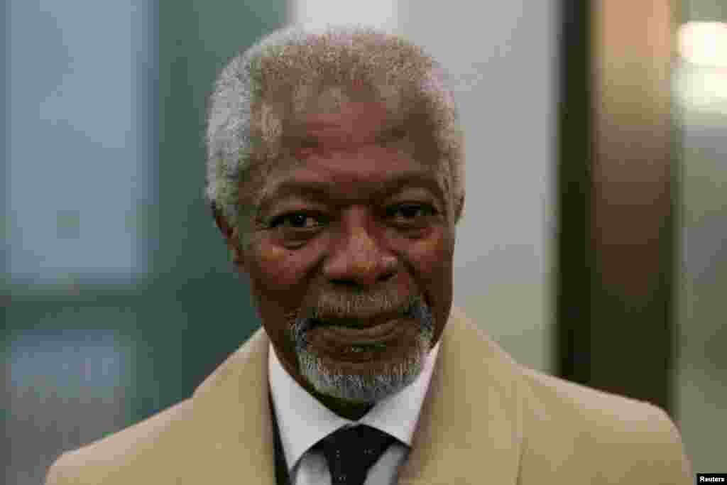 FILE - Kofi Annan, arrives for the media launch of the Africa Progress Report 2014 in London, May 8, 2014. The former U.N. secretary-general has died at age 80.