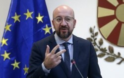 European Council President Charles Michel talks to the media during a news conference in Skopje, North Macedonia, Jan. 24, 2020.