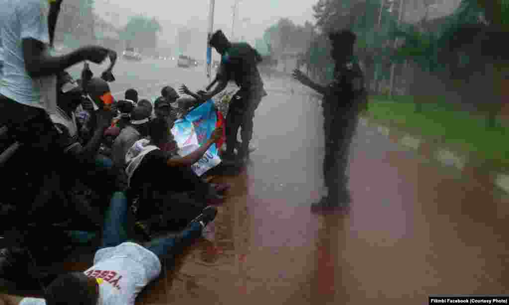 La police interpelle des militants du mouvement citoyen "Filimbi" (sifflet en swahili) lors d’un sit-in sous une pluie battante devant le siège de l'Union africaine (UA) à Kinshasa, 29 octobre 2017. Crédit/Filimbi Facebook