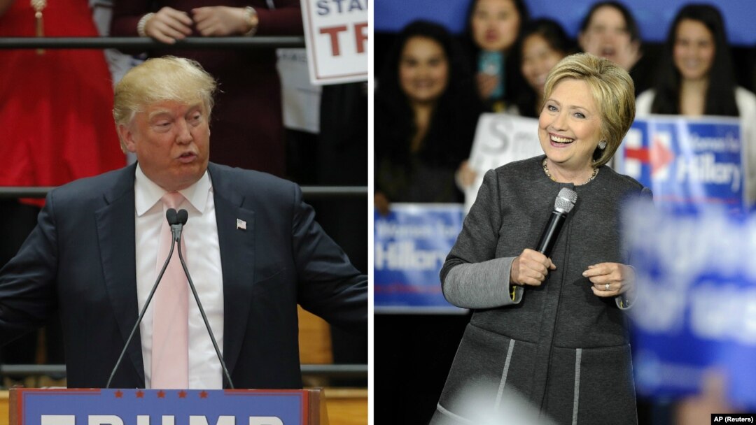 U.S. Republican presidential candidate Donald Trump, left, speaks at a campaign event in Radford, Va., while Democratic presidential candidate Hillary Clinton speaks at a campaign event, in Springfield, Mass., Feb. 29, 2016.