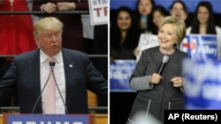 U.S. Republican presidential candidate Donald Trump, left, speaks at a campaign event in Radford, Va., while Democratic presidential candidate Hillary Clinton speaks at a campaign event, in Springfield, Mass., Feb. 29, 2016.