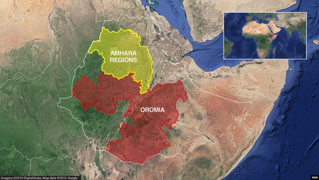 A map shows the Oromia and Amhara regions of Ethiopia.