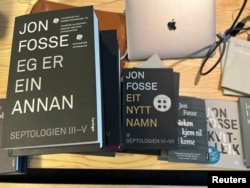 FILE - Books by Norwegian writer Jon Fosse, who won the 2023 Nobel Prize in Literature, are seen at his publishing house Samlaget, in Oslo, Norway, October 5, 2023.