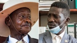 Président Yoweri Museveni (G) na alanga nzembo "Bobi Wine" Robert Kyabulanyi ma bilili mibale, bakowelela bokonzi na maponami ma le 14 janveir 2021 na Ouganda.