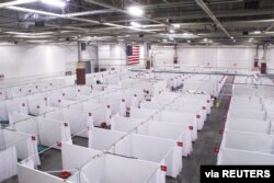 An overhead view shows a field hospital known as an Alternate Care Facility set up at the state fair ground as cases of coronavirus disease (COVID-19) cases spike in the state near Milwaukee, Wisconsin, U.S., Oct. 12, 2020.