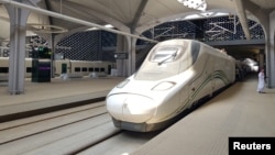 The Haramain speed train stops at the new KAEC station at King Abdullah Economic City, near Jeddah, Saudi Arabia, Sept. 18, 2018.