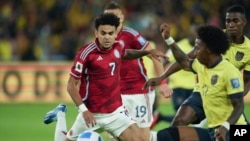 El colombiano Luis Díaz, izquierda, lucha por el balón en un partido de fútbol de clasificación para la Copa Mundial de la FIFA 2026 contra Ecuador en el estadio Rodrigo Paz Delgado en Quito, Ecuador, el martes 17 de octubre de 2023.