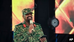 FILE — Gen. Muhoozi Kainerugaba, a Ugandan military official and the son of President Yoweri Museveni, speaks at a "thanksgiving" ceremony in Entebbe, on May 7, 2022.