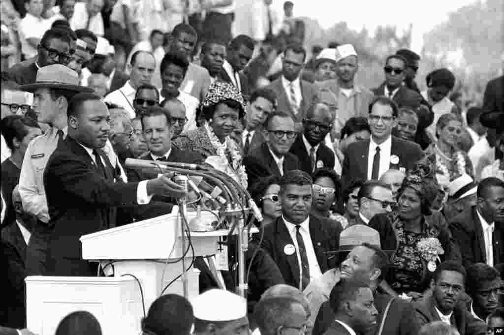 Martin Luther King Jr., head of the Southern Christian Leadership Conference, speaks to thousands during his "I Have a Dream" speech in front of the Lincoln Memorial, in Washington, August 28, 1963.