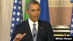 President Barack Obama speaks at a joint news conference with Italian Prime Minister Matteo Renzi (not pictured) in Rome March 14, 2014.