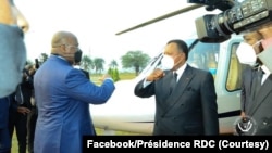 FILE: Republic of Congo-Brazzavile president Denis Sassou N'Guesso (right) welcomed by his DRC counterpart Felix Tshisekedi in Kinshasa, DRC, Taken Sept. 14 2020. 