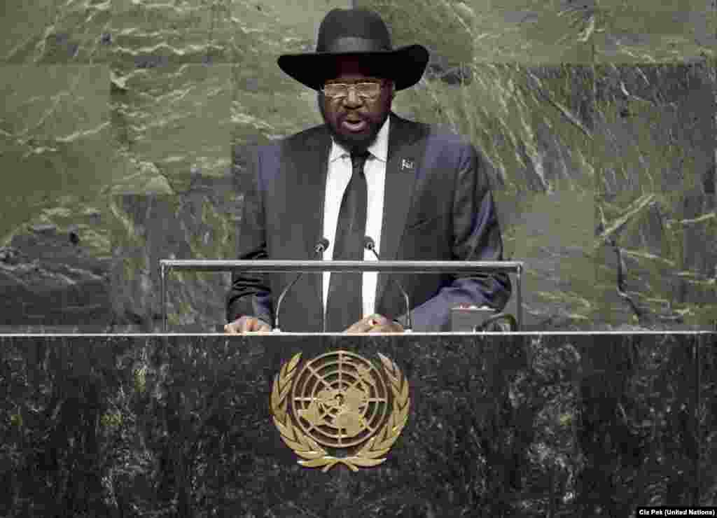 President Salva Kiir addresses the 69th session of the United Nations General Assembly in New York on Saturday, Sept. 27, 2014.