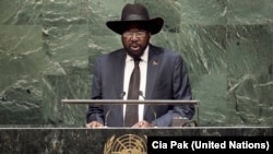 President Salva Kiir addresses the 69th session of the United Nations General Assembly in New York on Saturday, Sept. 27, 2014.
