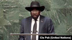 President Salva Kiir addresses the 69th session of the United Nations General Assembly in New York on Saturday, Sept. 27, 2014.