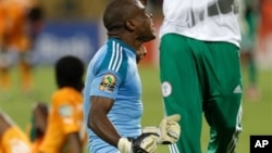 Nigeria's goalkeeper Vincent Enyeama reacts at the end of their African Cup of Nations quarterfinals match with Ivory Coast Sunday, Feb. 3 2013 at the Royal Bafokeng stadium in Rustenburg, South Africa. Nigeria defeated Ivory Coast 2-1 to advance to the semifinals. (AP Photo/Armando Franca)