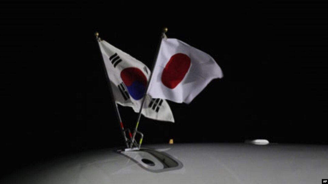 South Korean (L) and Japanese national flags fly on an airplane carrying Japanese Prime Minister Yoshihiko Noda upon his arrival at a military airport in Seongnam, near Seoul, October 18, 2011.